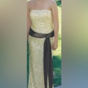 Glamorous Gold Sequin Gown with Brown Sash